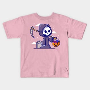 Cute Grim Reaper Holding Candy Basket Cartoon Kids T-Shirt